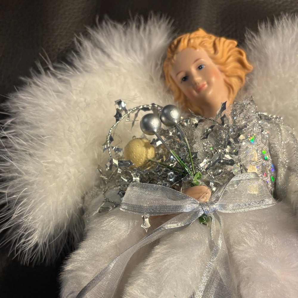 Elegant Angel Tree Topper with White and Silver Gown - Picture 2 of 5